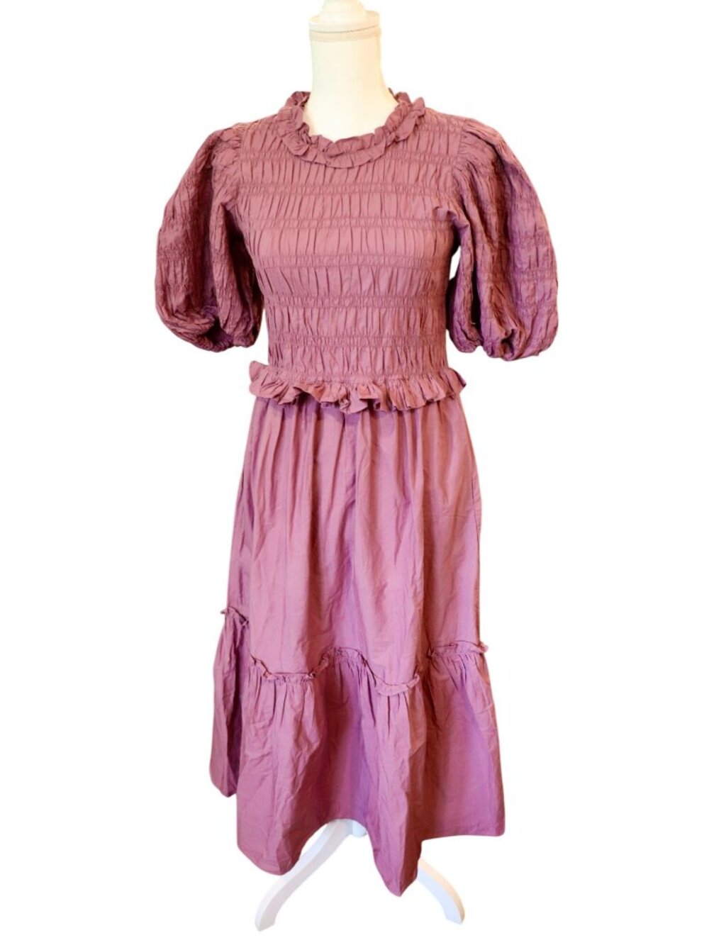 Sea New York Puff Sleeve Smocked Orchid Midi Dress, Size 4 NWT